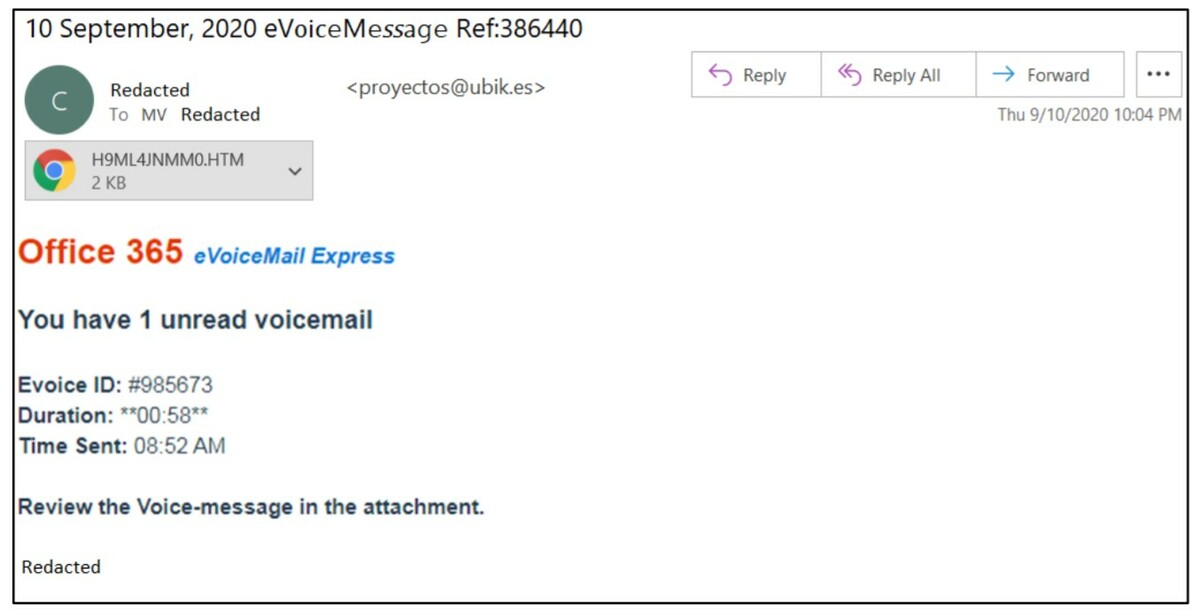 Screen capture of “eVoiceMessage” email received by tug