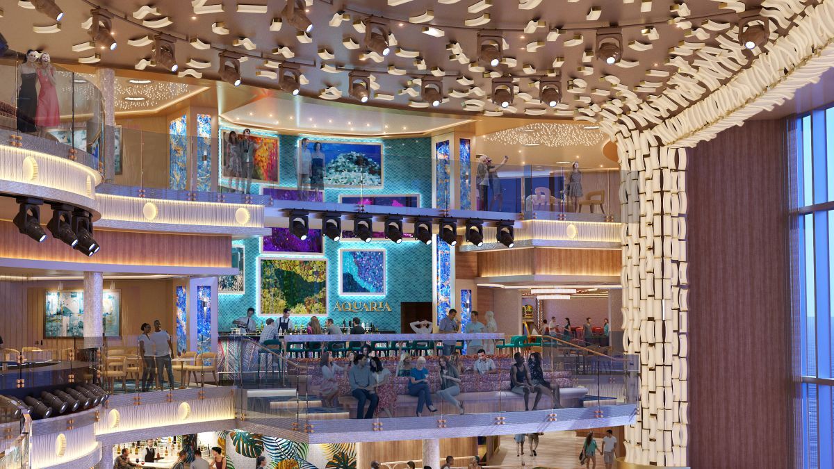 The Aquaria bar includes nods to the past such as glass murals from Carnival Victory (source: Carnival Cruise Line)
