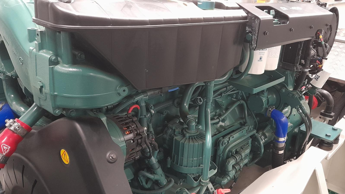 One of eight Volvo Penta D8 engines on MHO Balder is combined with Danfoss motors for hybrid propulsion (source: Riviera)