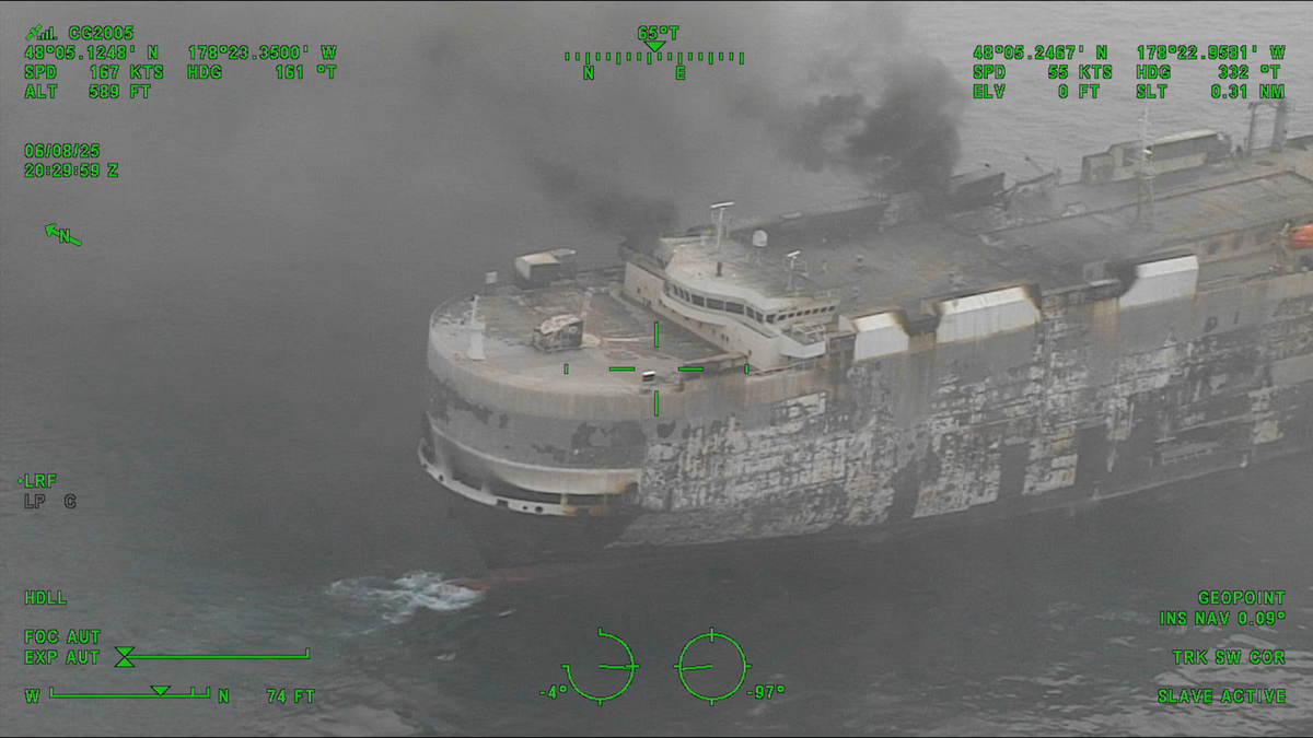 Online only Burnt out car carrier in Pacific off Alaska