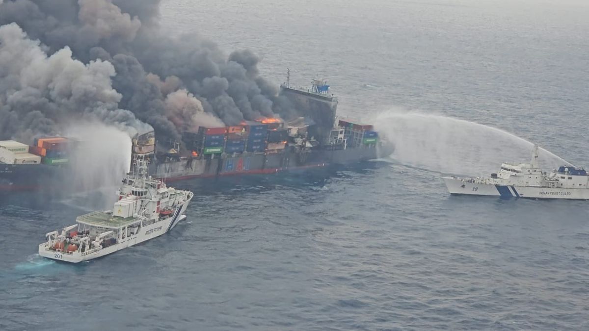 Online only Fire spreads across container ship off India Coastguard