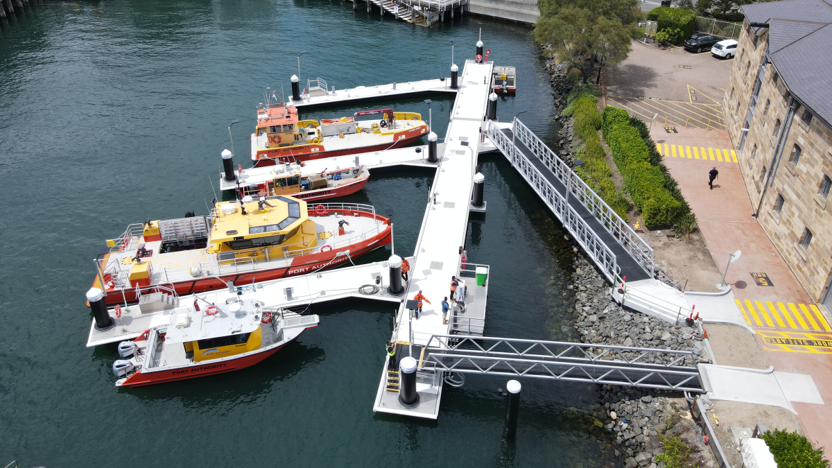 Drone image of Port Authoritys new floating pontoon at Moores Wharf Clement Marine Constructions