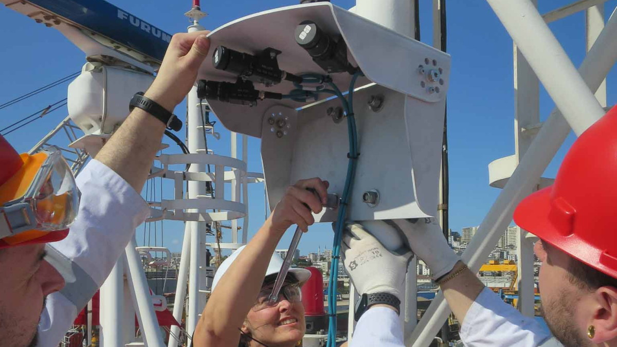 Mythos AI and CB Pacific crew members work together to install cameras part of the Mythos AI APAS system