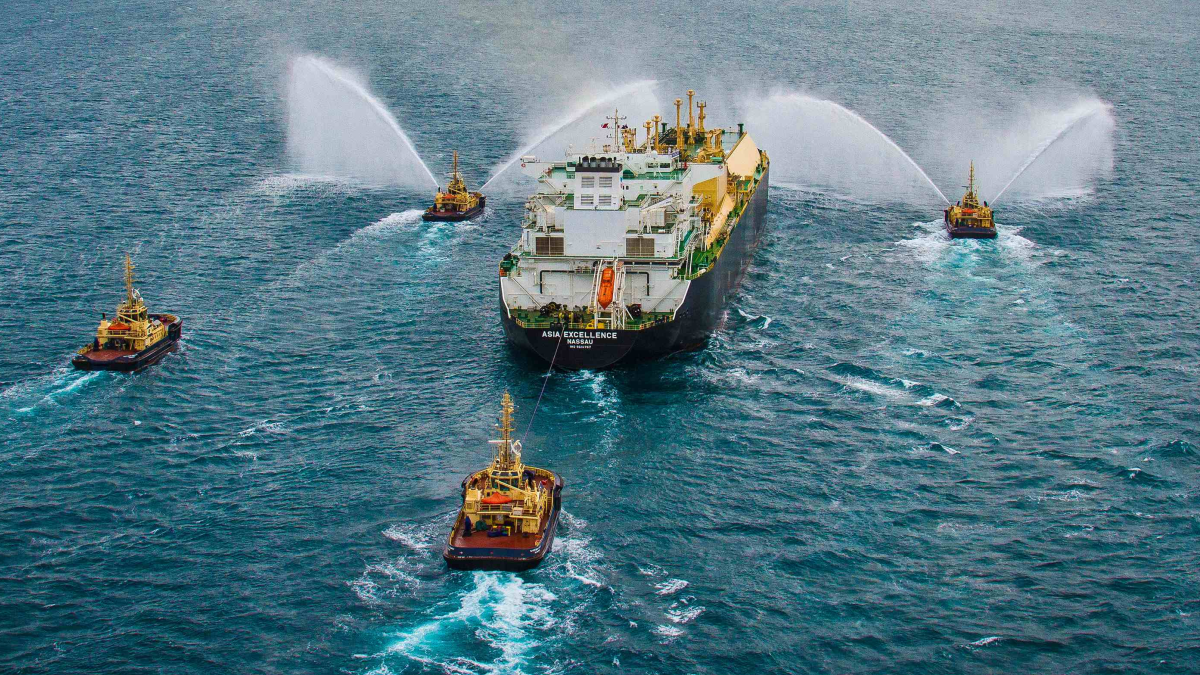 Svitzer tugs support an LNG carrier sailing from the Gorgon terminal