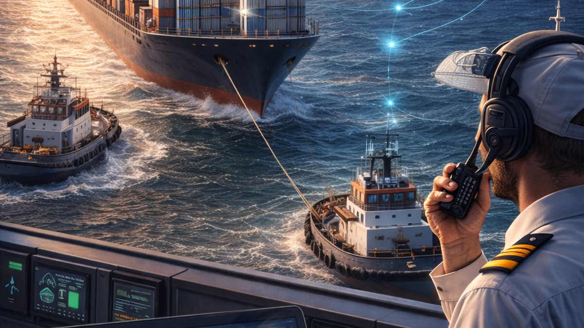 Illustration of how a marine pilot could remotely support tugs handling a containership in port (source: Mustafa Sokukcu)