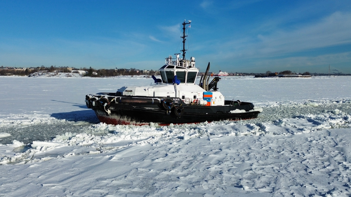 Alfons Hakans 2024 built tugboat Ajax breaks ice in a shipping channel in Finland Alfons Hakans 2024 built tugboat Ajax breaks ice in a shipping channel in Finland