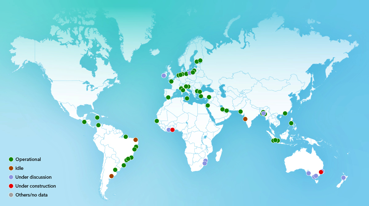 Map showing the status of current FSRU projects globally source DNV